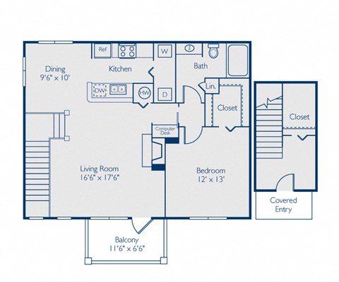 A floor plan of a small apartment with a living room, dining room, kitchen, bathroom, and two closets.